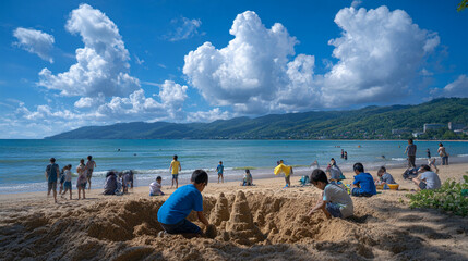 Children playing in the sand at the beach