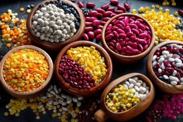 Variety Of Colorful Dried Beans and Lentils in Wooden Bowls, Representing Healthy Eating and Nutritional Diversity : Generative AI