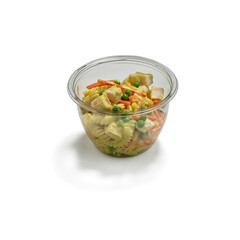 Creamy chicken pasta salad in clear container for fresh meal takeout