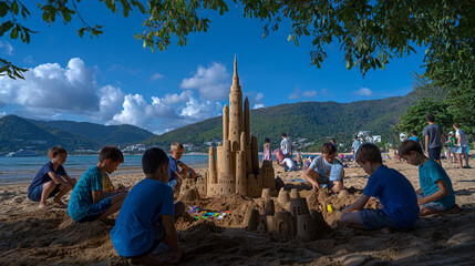 Children playing in the sand at the beach