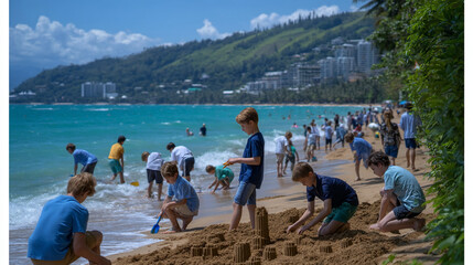 Children playing in the sand at the beach