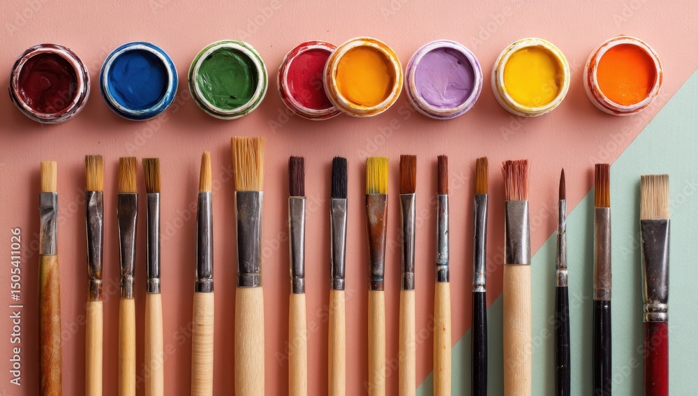 Poster Overhead View of Paintbrushes and Colorful Paint Jars, Depicting Artistic Expression and Creative Inspiration for Crafting Projects : Generative AI
