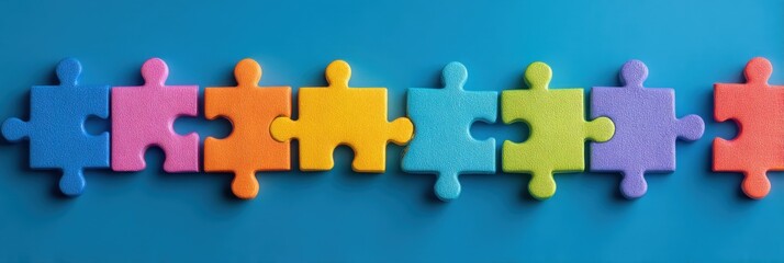 Fototapeta premium Vibrant Jigsaw Puzzle Pieces on Blue Background, Symbolizing Teamwork, Problem Solving, and Strategic Partnership : Generative AI