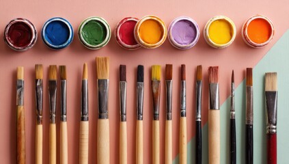 Naklejka premium Overhead View of Paintbrushes and Colorful Paint Jars, Depicting Artistic Expression and Creative Inspiration for Crafting Projects : Generative AI