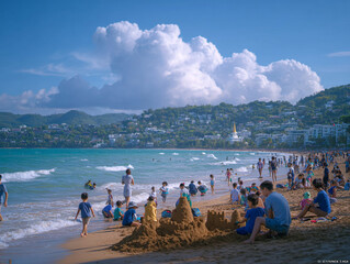 Children playing in the sand at the beach
