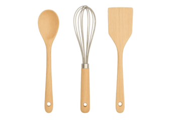 Arrangement of wooden spoon whisk and spatula kitchen utensils tools on transparent background