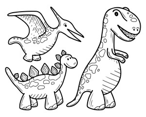 Dinosaurs set. Hand drawn vector illustration. Cute prehistoric lizards. Ancient animals. Tyrannosaurus, pterodactyl, stegosaurus. Children cartoon character. Doodle line art collection of elements.