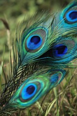 Fototapeta premium Close-Up of Peacock Feathers Showing Vibrant Colors and Intricate Patterns, Symbolizing Beauty and Environmental Awareness : Generative AI