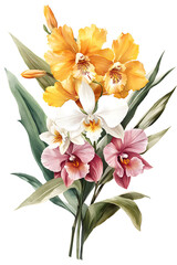 Fototapeta premium Watercolor tropical bouquet with yellow white and pink orchids and green exotic leaves isolated on transparent background