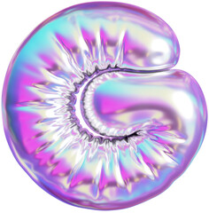 3D Holographic purple inflatable letter G with a iridescent plastic effect, inflated balloon style typography for trendy futuristic design
