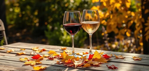 Two wine glasses, autumn leaves scattered on rustic wooden table outdoors, sunlight , sunlight,  fall foliage