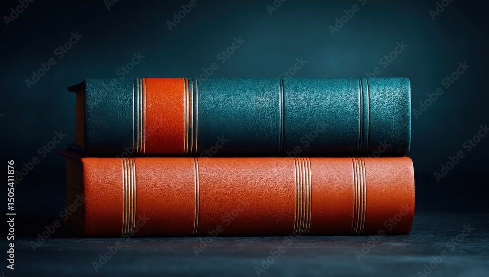Poster two leather bound books stacked on a dark surface, symbolizing knowledge and educational resources f