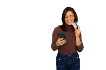 Happy customer making online payment using credit card and mobile phone app, isolated on transparent background