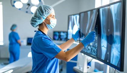 Doctor reviewing Xray in hospital.