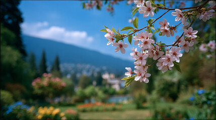 Photo of cherry blossoms in the park, with a blurred background and blue sky
