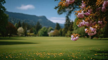 Photo of cherry blossoms in the park, with a blurred background and blue sky