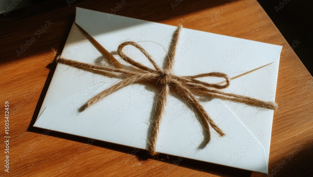 Poster White Envelope Tied With Jute String On Wooden Surface, Representing Correspondence and Personal Communication for Invitations and Greetings : Generative AI