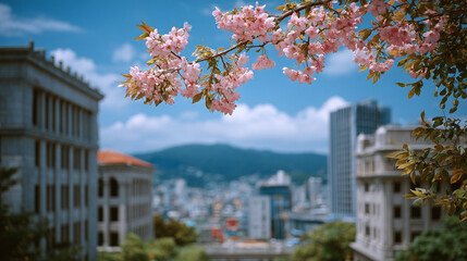 Photo of cherry blossoms in the park, with a blurred background and blue sky
