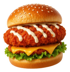Crispy breaded chicken burger with melted cheese, lettuce, and a sesame seed bun topped with creamy sauce.