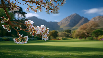 Photo of cherry blossoms in the park, with a blurred background and blue sky