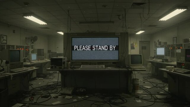 Abandoned computer room filled with old technology and 'Please Stand By' message