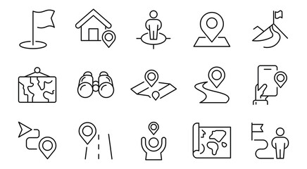 Set of 15 outline icons related to navigation, gps, push pin, map marker, geolocation, flag, positio location, route. Location icon set. Map pin line icon set. Vector collection.