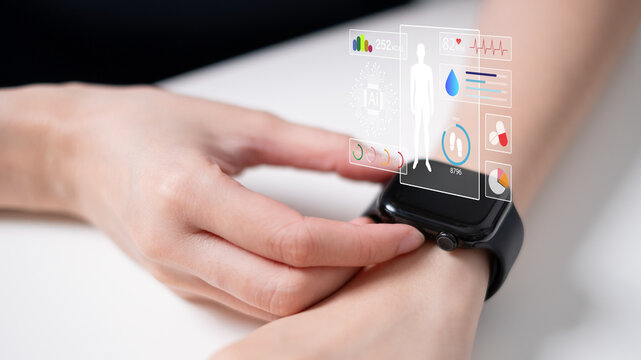 Person using smart watch for sport healthy lifestyle statistic data analysis tracker fitness monitor concept