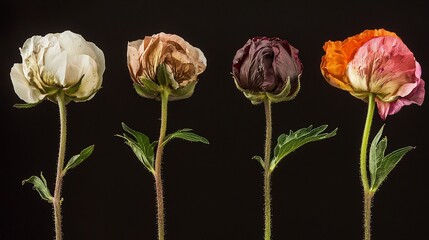 Timelapse of a blooming flower transitioning through spring summer fall and winter capturing the changes in color and shape over time