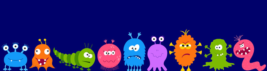 Cute cartoon Halloween monsters characters set.