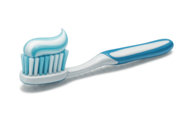 A close up of a toothbrush with toothpaste on it against black background on transparent background
