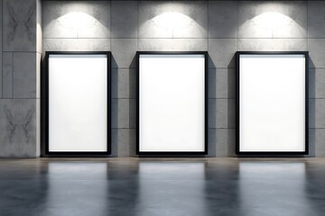 3D rendering, mockup of three blank white posters in black frames on grey wall background in abstract subway with concrete glossy floor.	
