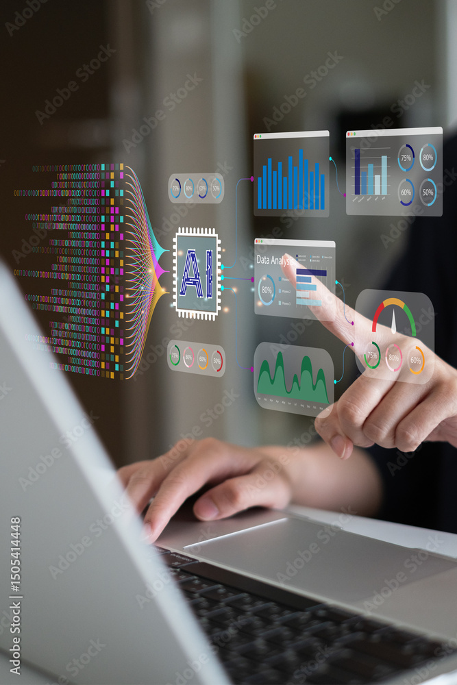 Poster businessman using laptop tablet data analysis big data technology artificial intelligence ai innovat