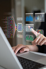 Businessman using laptop tablet data analysis big data technology artificial intelligence ai...