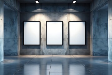 3D rendering, mockup of three blank white posters in black frames on grey wall background in abstract subway with concrete glossy floor.	
