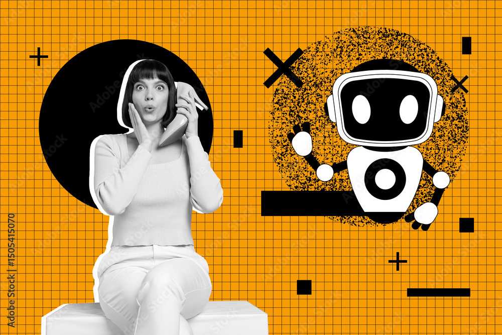 Poster image 3d zine vertical collage of happy girl stand robot gpt chat helper bot prompt technology artif