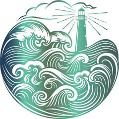 vector illustration of an abstract waves with a lighthouse with vector design and illustration