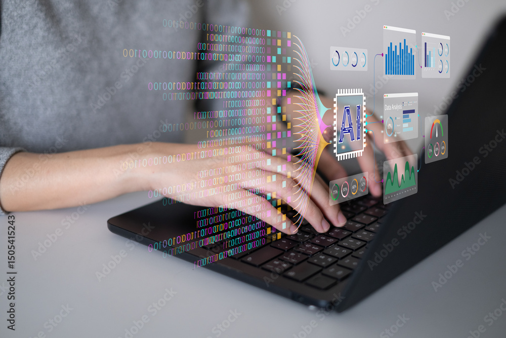 Poster businessman using laptop tablet data analysis big data technology artificial intelligence ai innovat