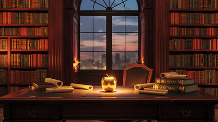Ornate desk with ancient scrolls and glowing apple, golden light in vintage library