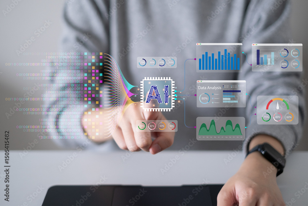 Poster businessman using laptop tablet data analysis big data technology artificial intelligence ai innovat