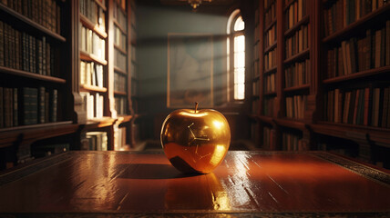 Ornate desk with ancient scrolls and glowing apple, golden light in vintage library