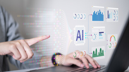 Businessman using laptop tablet data analysis big data technology artificial intelligence ai...