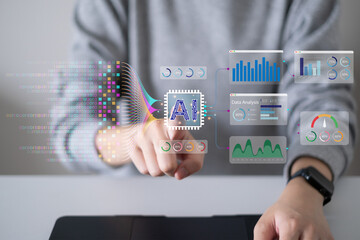 Businessman using laptop tablet data analysis big data technology artificial intelligence ai innovation concept