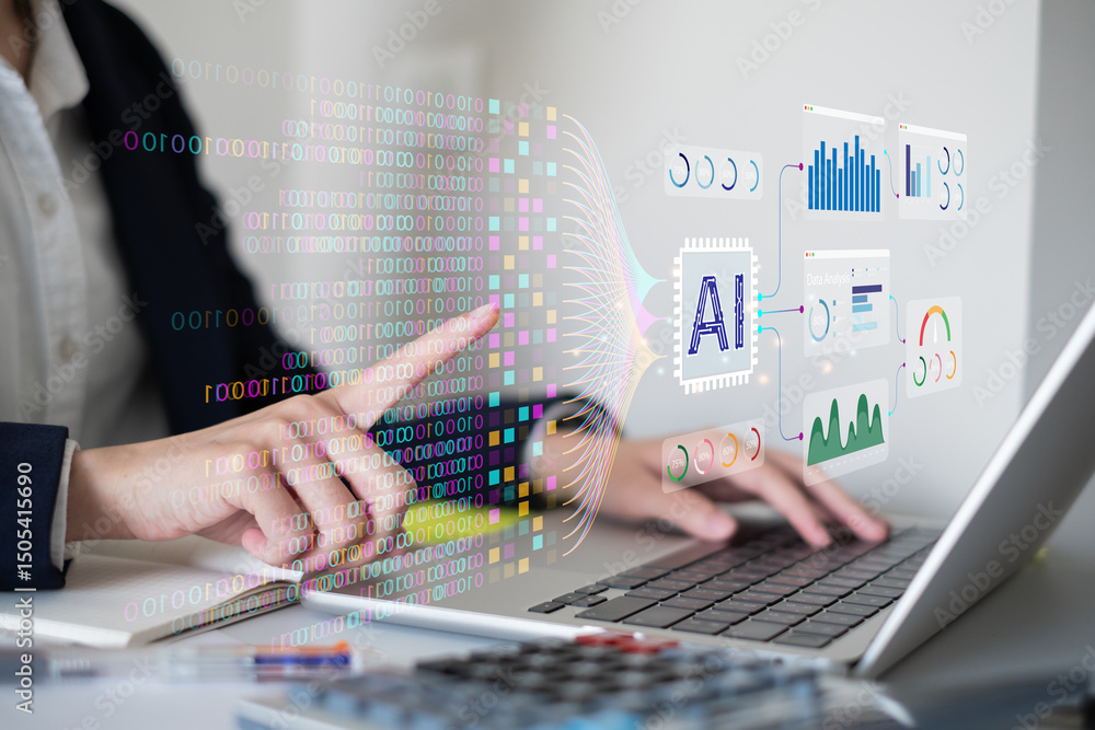 Poster businessman using laptop tablet data analysis big data technology artificial intelligence ai innovat