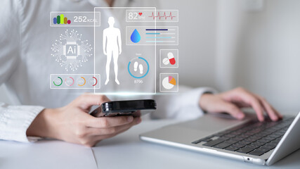 Person using smartphone healthy lifestyle data statistic analysis tracking fitness technology app exercise concept