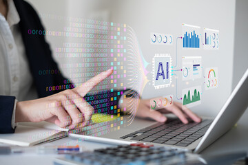 Businessman using laptop tablet data analysis big data technology artificial intelligence ai innovation concept