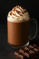 Decadent Choco Milkshake with Whipped Cream, Cocoa Dusting, and Chocolate Pieces in Frosted Glass on Black Surface