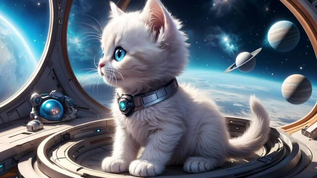 cute animated kitten sitting in spaceship with planets and stars outside window for use in sci fi, space themed, or children&rsquo;s animation projects