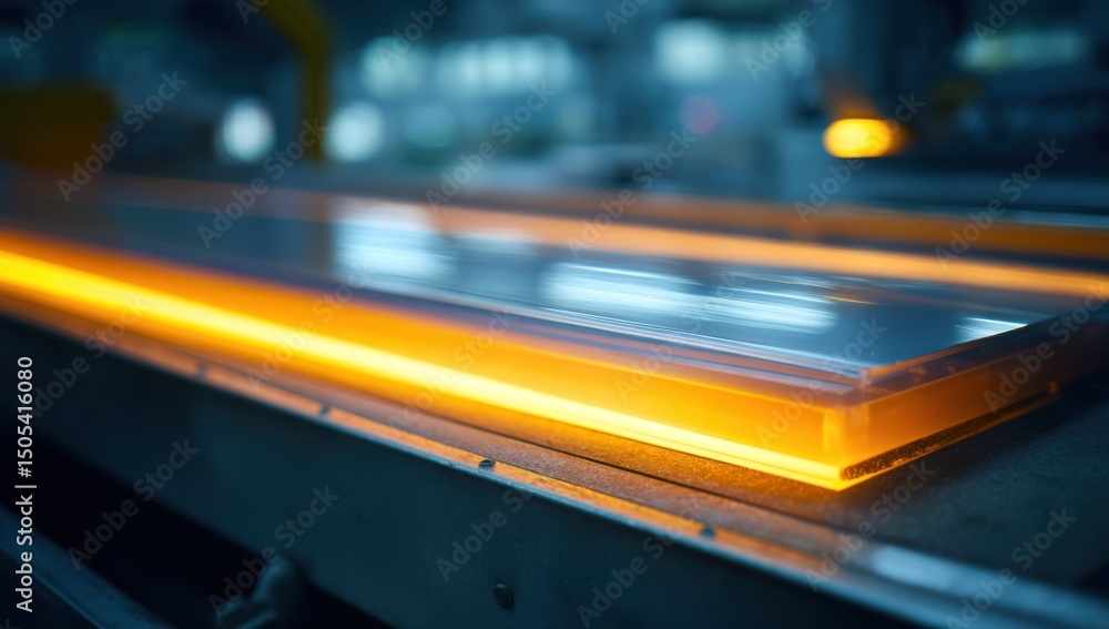 Poster glass sheet on conveyor belt illuminated with orange light, emphasizing precision manufacturing and 