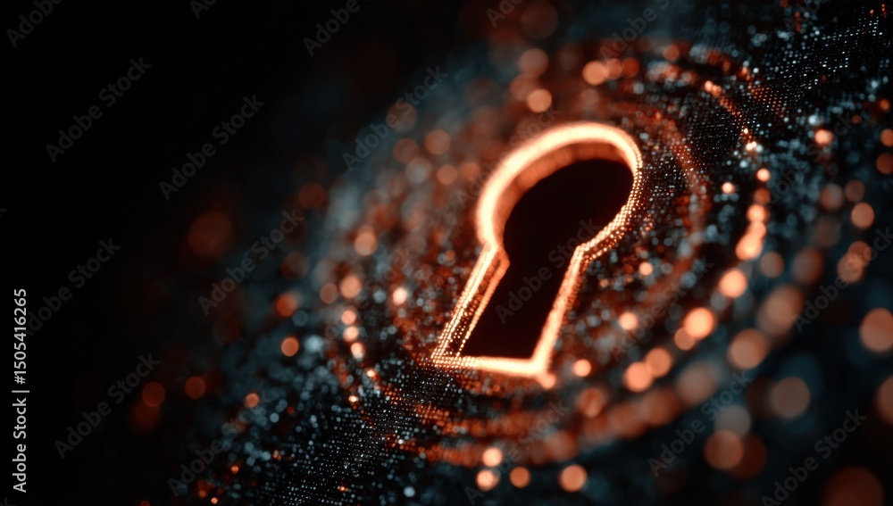 Fototapete glowing keyhole symbol made of particles on dark background, representing data security and digital 