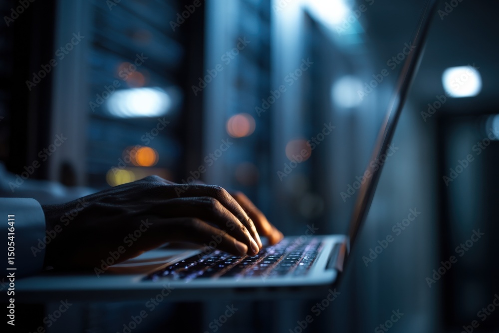 Poster hands typing on laptop in dark server room, illustrating data analysis and cybersecurity solutions f